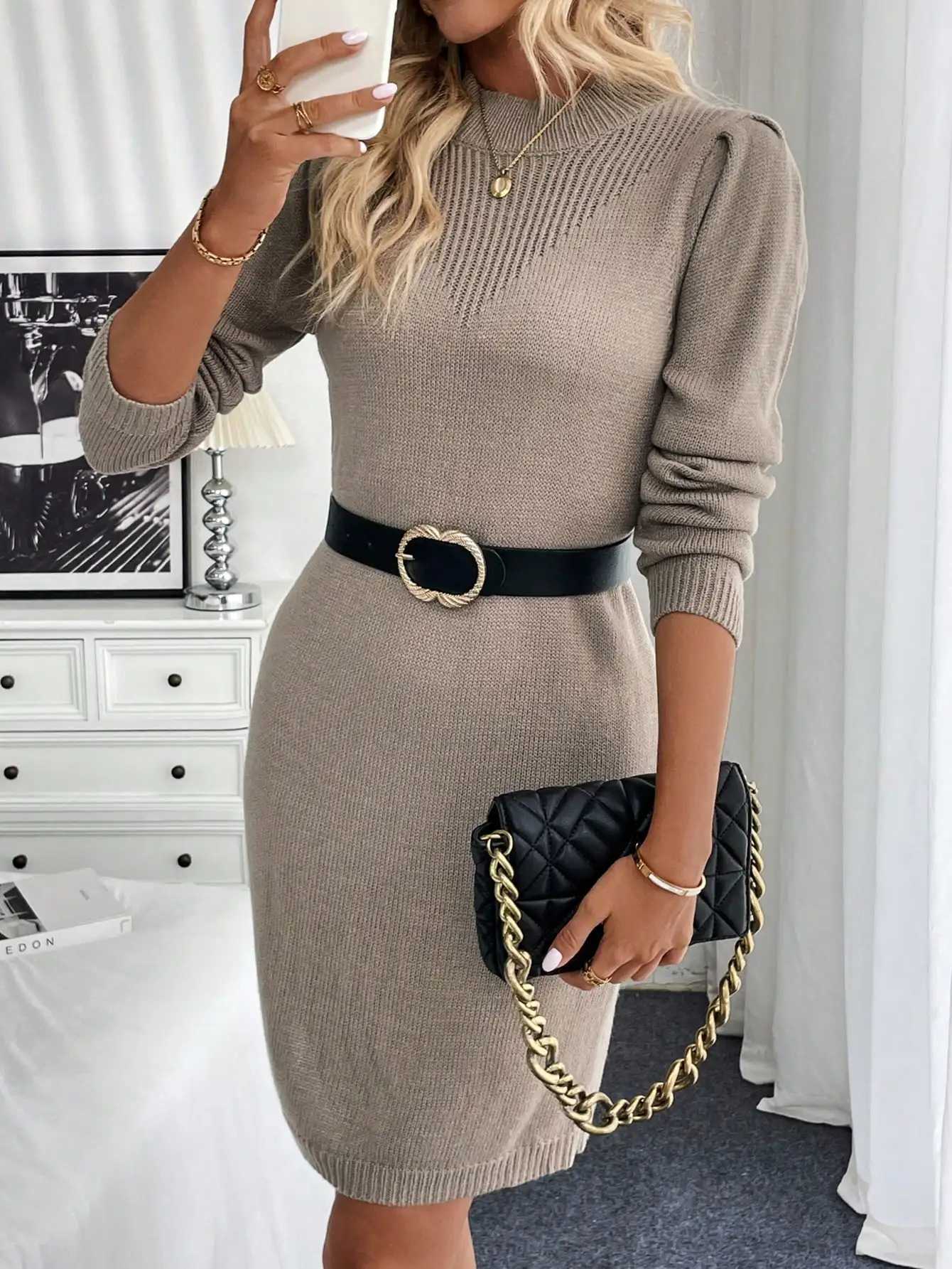 Autumn and winter standing collar long sleeved new knitted dress J251105