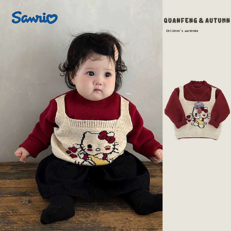 Sanrio Girls Autumn Winter Fake Two-Piece Sweater 2025 New Korean Style Baby Cute KT Cat Knitted Top Infant Stylish Top H251105