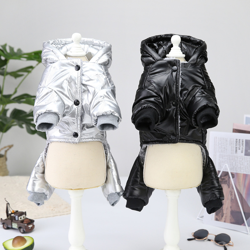 Shiny Padded Pet Jumpsuit with Hood, Waterproof Four-Legged Winter Coat for Small Dogs & Cats, Warm Puffer Outfit for Chihuahua, Teddy & Kittens, Silv