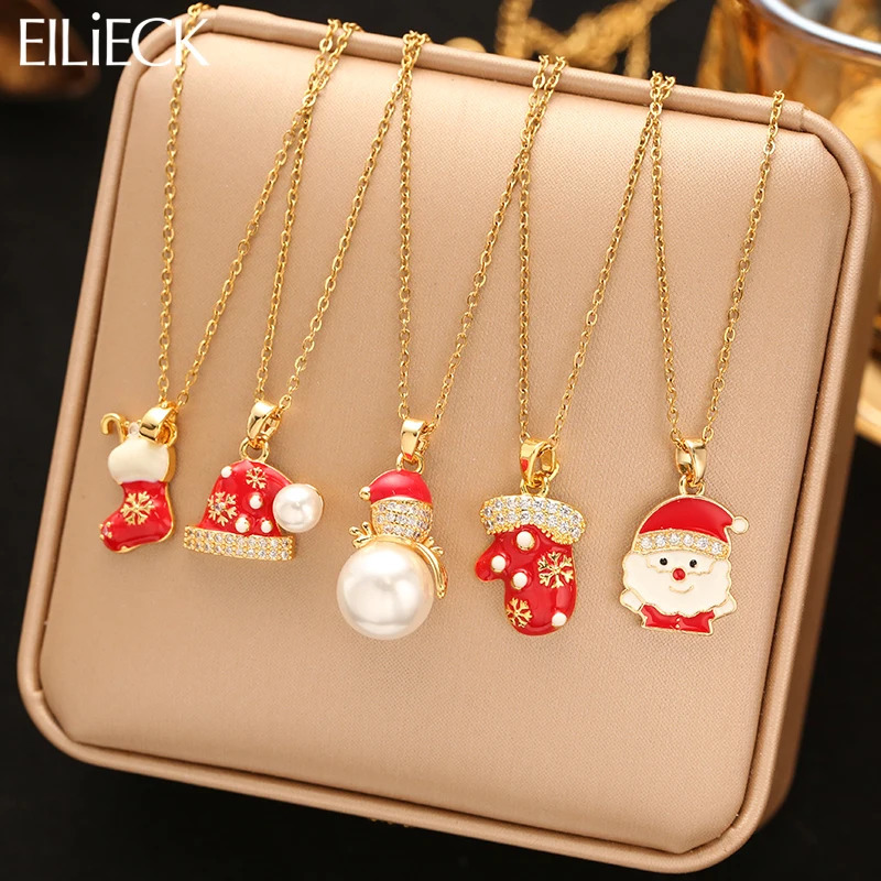 EILIECK Christmas Snowman Hat Gloves Necklace For Women Fashion Stainless Steel Neck Chain Waterproof Jewelry Holiday Gift 251104