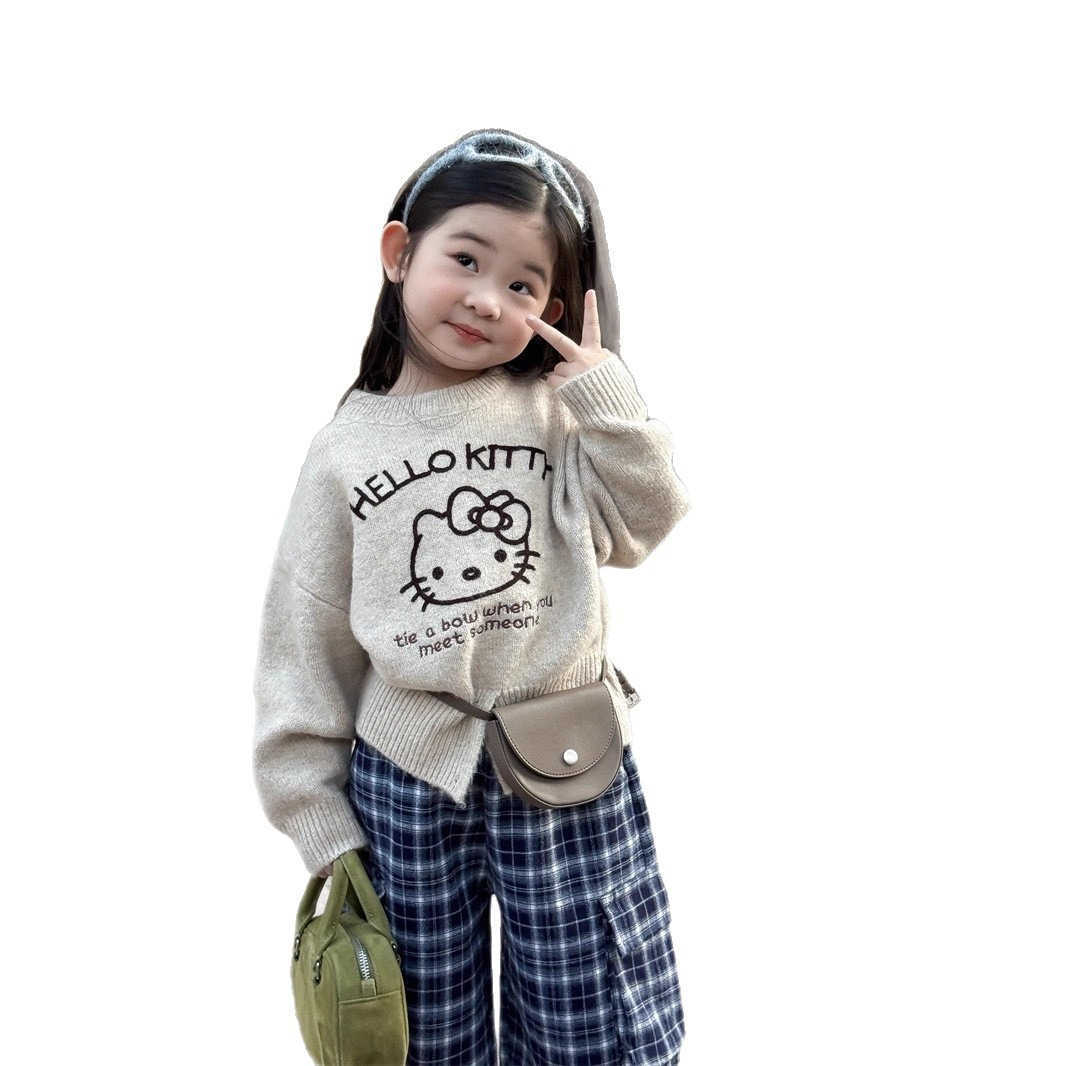 Sanrio 2025 Winter New Korean Style Girls KT Cat Embroidered Sweater Fashion Cute Thick Knitted Button Top H251105