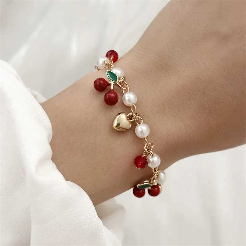 Sweet Cute Red Strawberry Cherry Heart Pearl Charm New Fashion Y2K Fruit Gold Color Chain Jewelry Party Gifts 2025 C251105