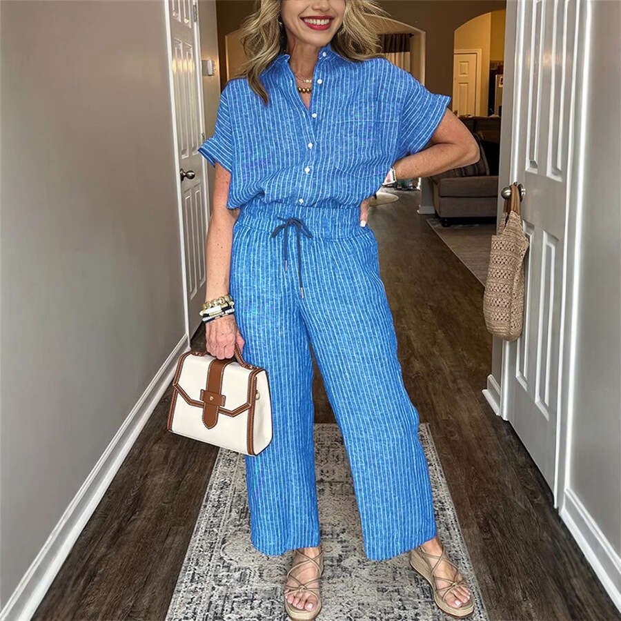 2025 Cross-Border Spring and Autumn Amazon Independent Station Women's Striped Suit with Turn-Down Collar Short Sleeve Straight-Leg Lazy Style Lo