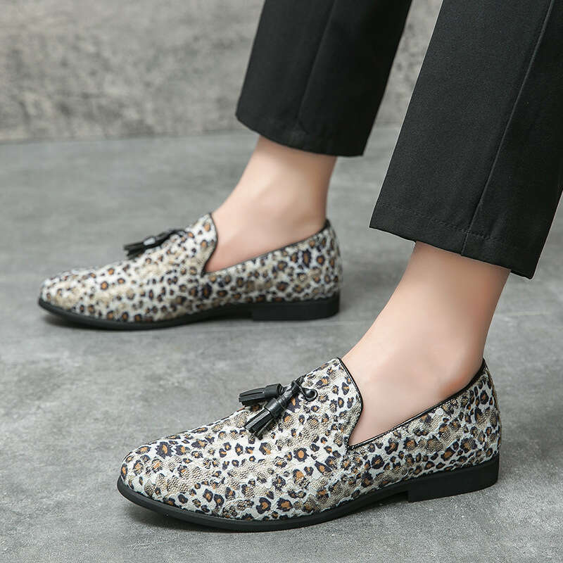 Large fringe leopard print leather bean shoes, men's 38-46 sets of casual loafers, single shoes