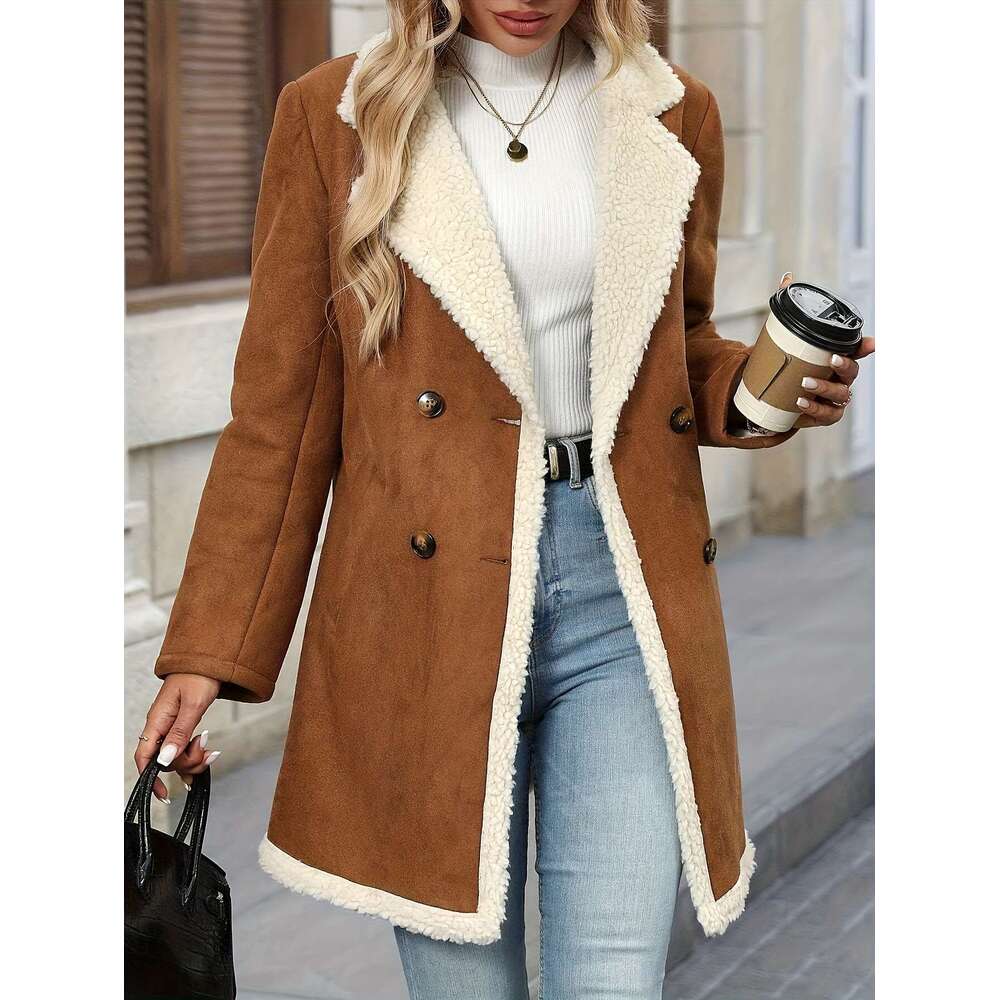 Elegant Coat - Brown Double-Breasted Jacket With Fluffy Lining, Button-Up Front, And Flap Pockets For Fall/Winter, Outerwear Chic Long Sleeve | Button