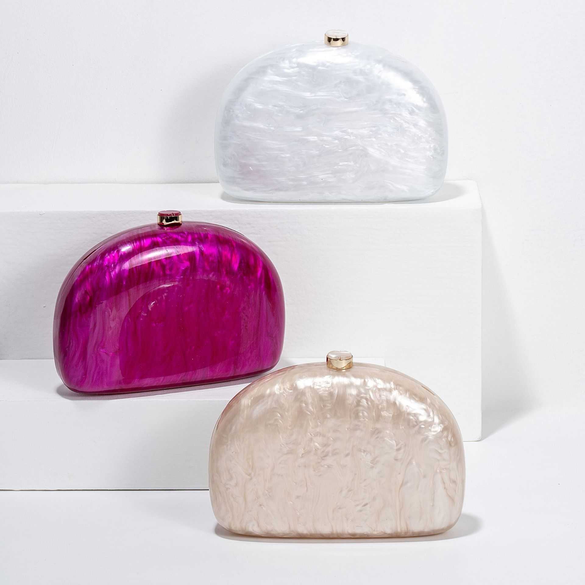 Womens New Half Round Pressed Bag Acrylic Dinner Bag Single Shoulder Oblique Cross Wedding Banquet Handbag