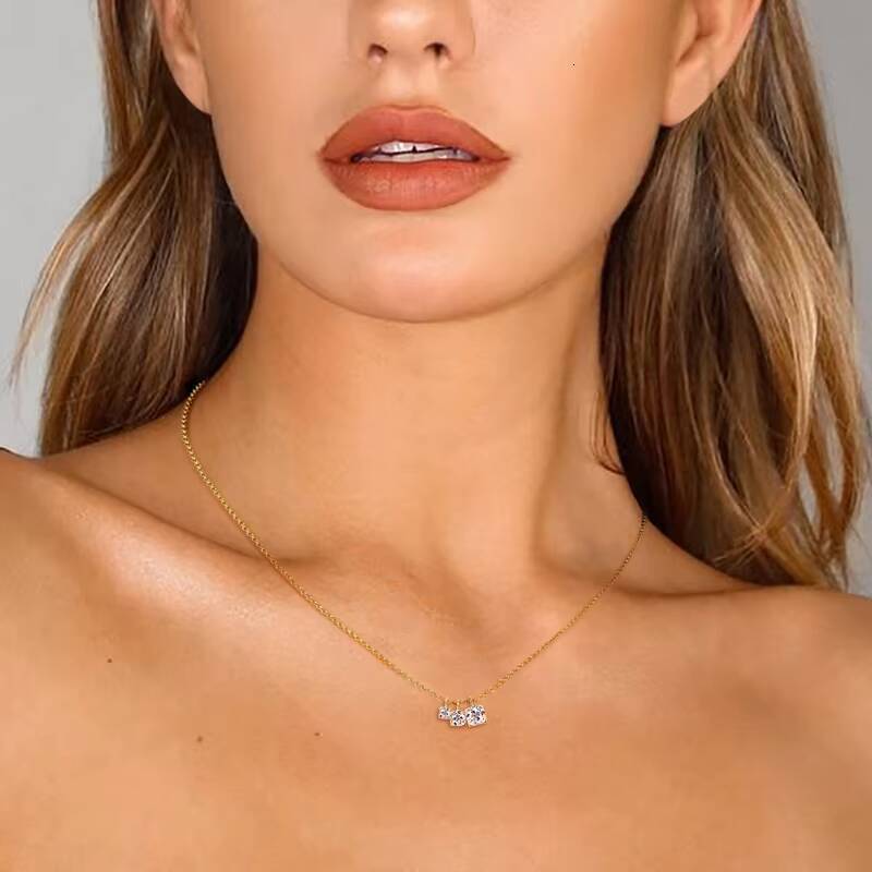 5mm4mm3mm Round Full Moissanite Diamond 925 Sterling Silver Chain Three Stone Moissanite Pendant Necklace