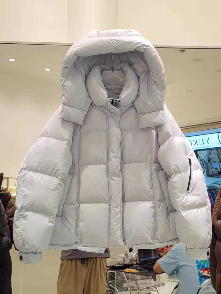 Winter Hooded Loose Short Parker Down Jacket Female Zipper Pocket Fluffy Thicken Outwears Women White Duck Down Puff Warm JacketT251105