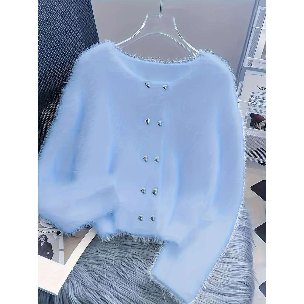 Elegant Fur Cardigan Plus Size Women's Elegant White Faux Fur-Lined Cardigan | Button-Front Sweater With Black Buttons, Round Neck Long Sleeve Fa