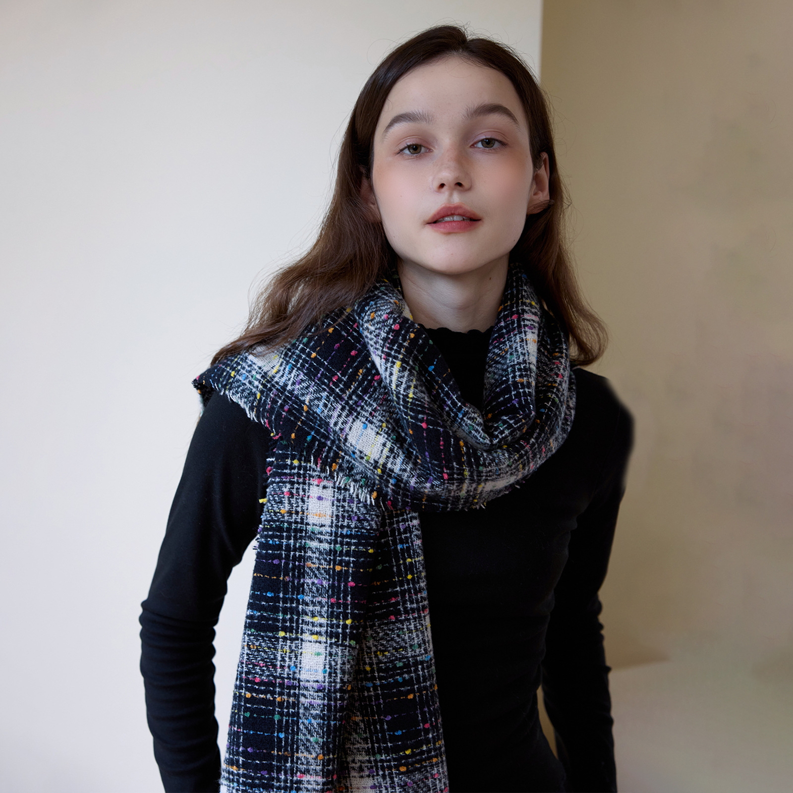 K314 Galaxy Colored Sugar Beans Korean Retro Cashmere Plaid Scarf Women Winter Whitening Soft Glutinous Warm Couple Neck Scarf