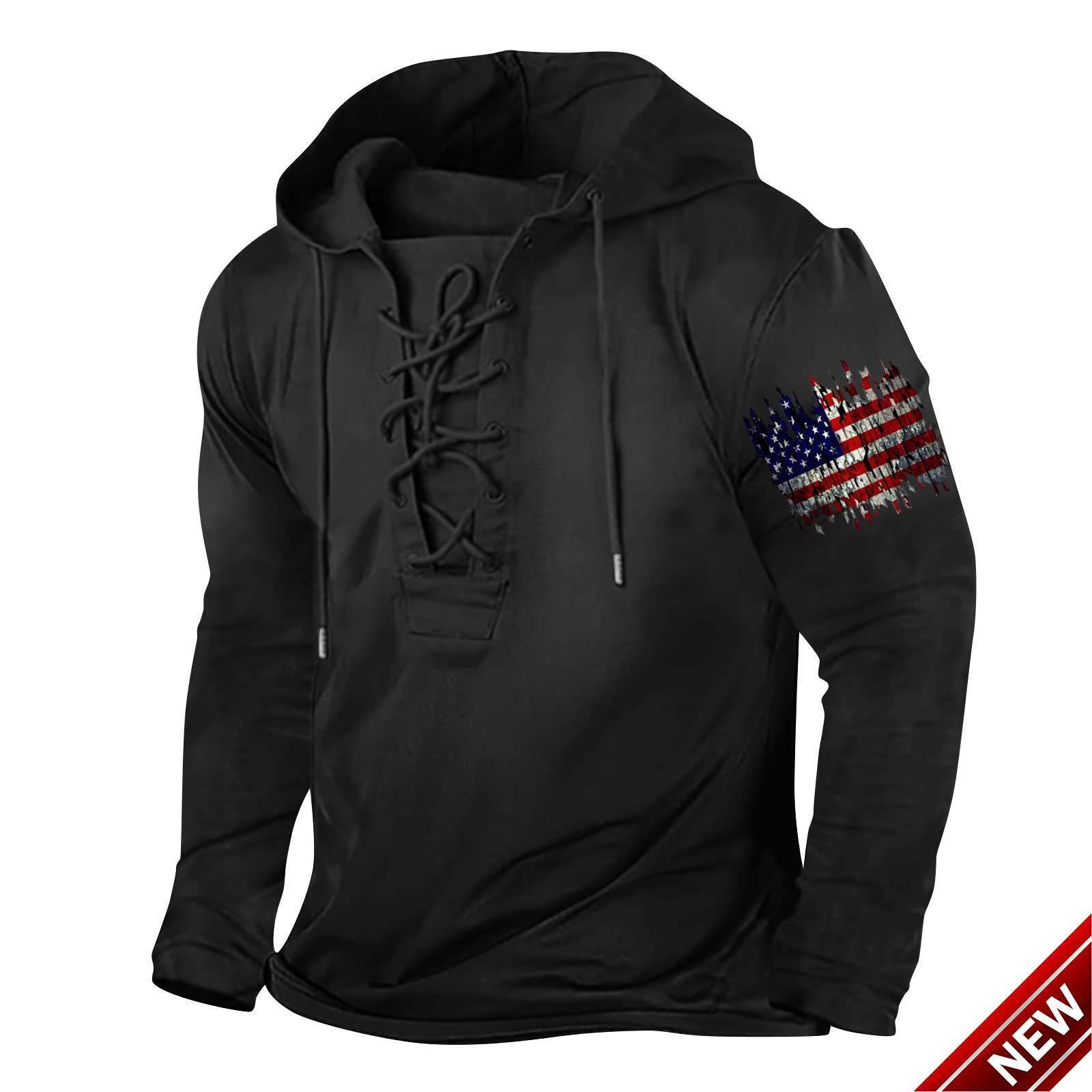 2025 New Mens Tether Printed US Flag Hoodie Large Head Long Sleeve T-shirt