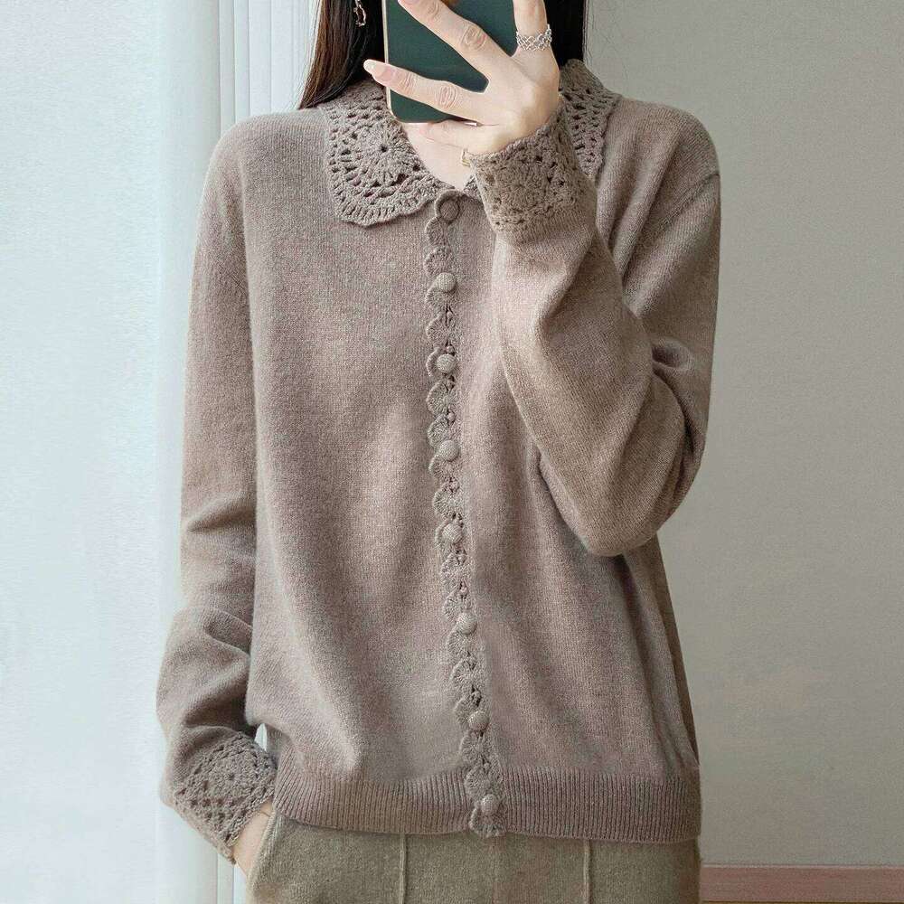 Women's Autumn Winter 100% Pure Wool Cardigan Polo Neck Embroidery Openwork Crocheted Loose Cashmere Sweater Coat Women Sweater Designer Sweater 