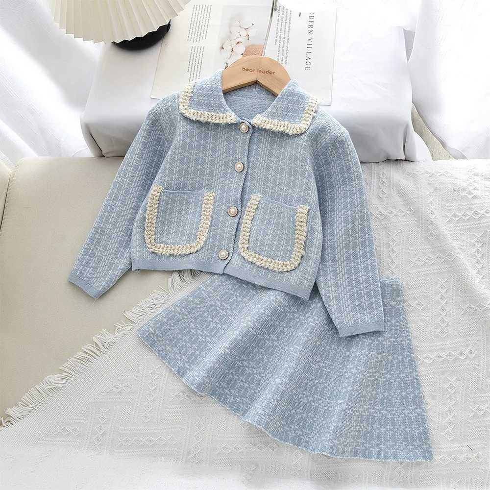 Autumn Winter Fashion Plaid Printed Childrens Set Long Sleeved Pocket Cardigan JacketShort Skirt Sweet Princess Girls Clothes Y251105
