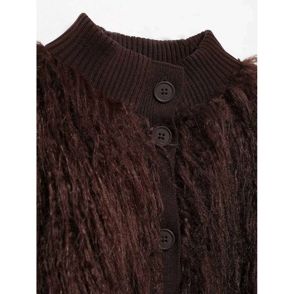 KONDALA Chic Brown Faux Leather Flurry Women Long Sleeve Vintage Party Outwear Luxurious Fashion Spring Jacket