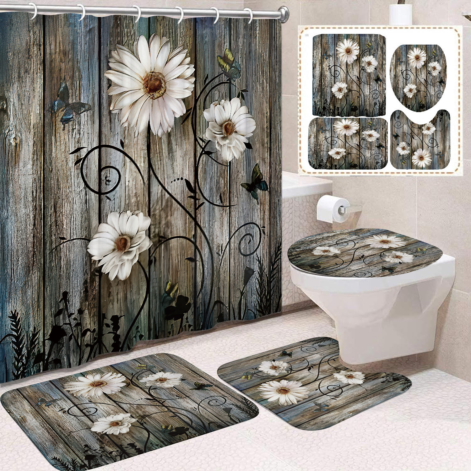 YL-37630 Watercolor Butterfly Daisy Bathroom Shower Curtain Toilet Partition Curtain No-Drill Curtain Shower Curtain