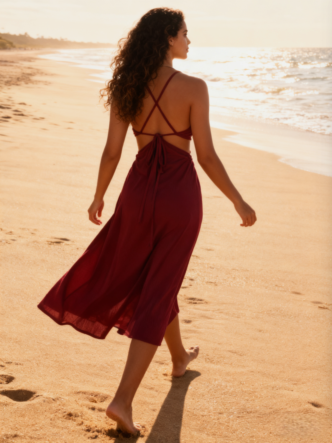 Burgundy Halter-Neck Crop Top Dress with Deep V-Neck, Metal Ring Cutout Detail, Beach Resort Style, Figure-Flattering Midi Length