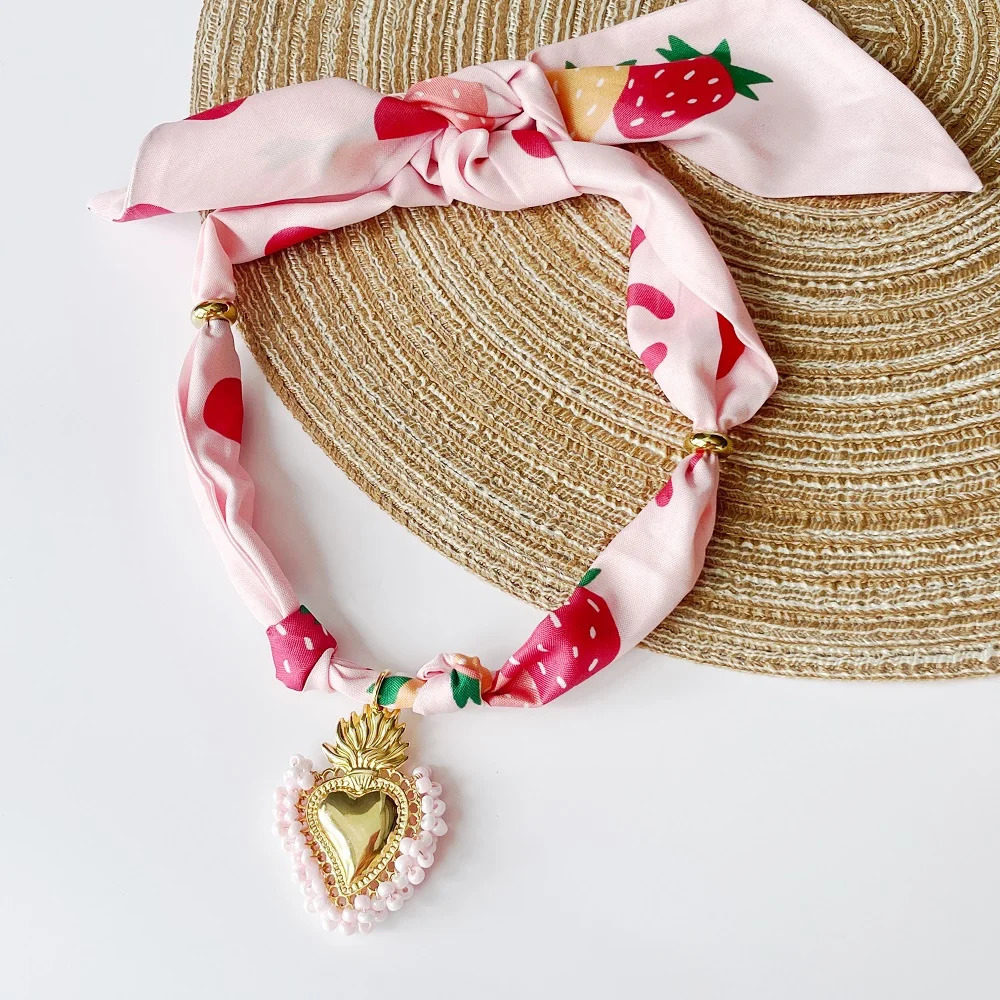 Sweet Soft scarf Necklace with colorful Beaded Stainless Steel Heart Pendant Boho Jewelry 251031