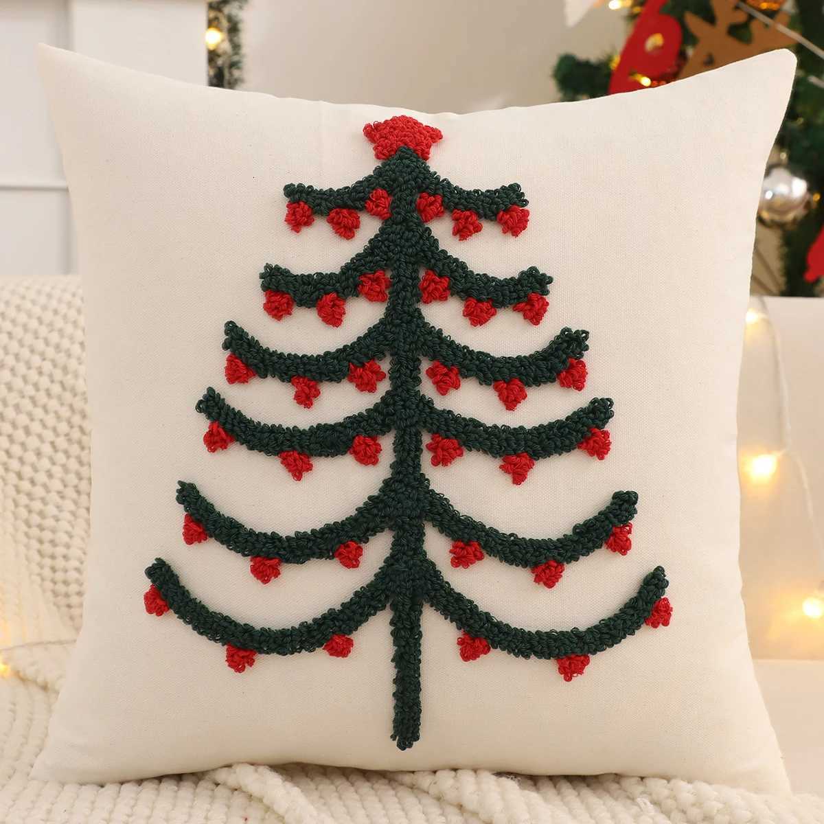 Tufted Throw Pillow Cover Christmas Decoration Canvas Christmas Tree Snowflake Socks Winter Farmhouse Home Sofa Living Room Y251105