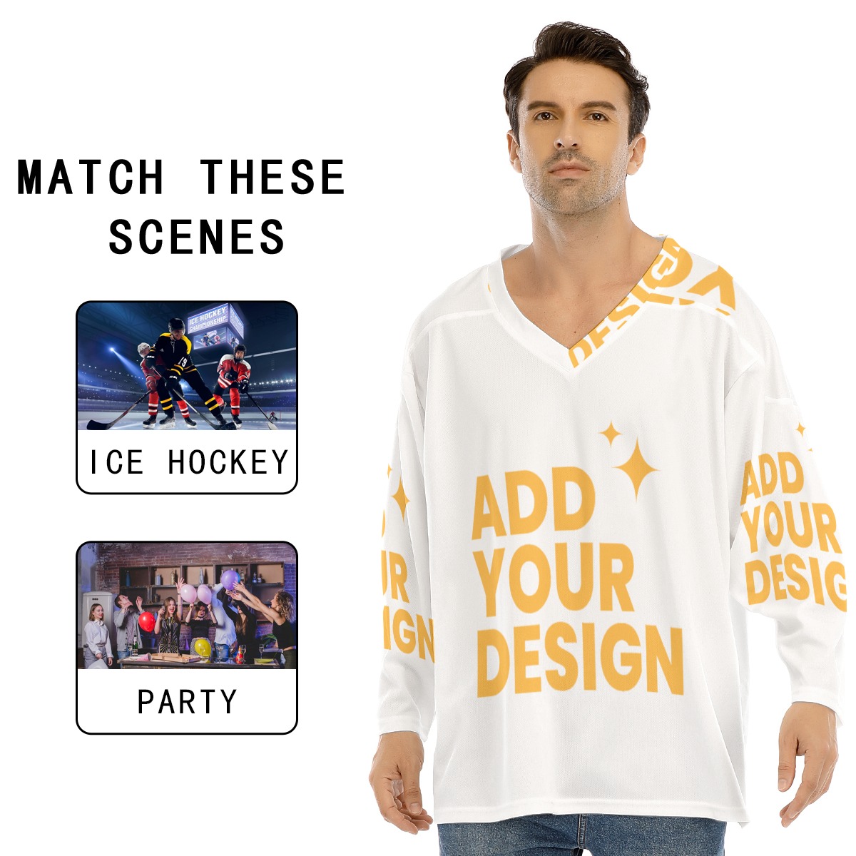 Men's V-neck Ice Hockey Jersey, All-Over Print Long Sleeve Sports Shirt, Custom Team Uniform 100% Polyester Loose Fit