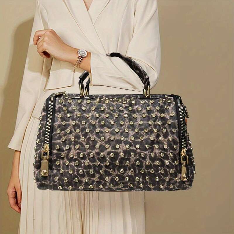 Ladies Fashion Elegant Nylon Tote Bag, Leopard Print, Full Dia Round Cylinder, Handmade Rhinestone, Boston Elegant, Single Shoulder, Brown, With Remov