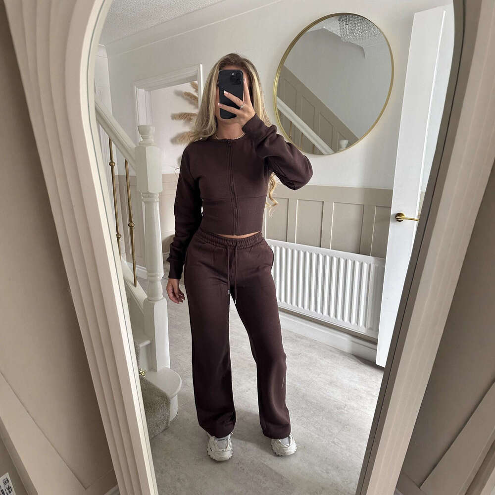 European And American Women's Autumn Winter New Fashion Casual Solid Color Zipper Cardigan Straight Pants Suit B5