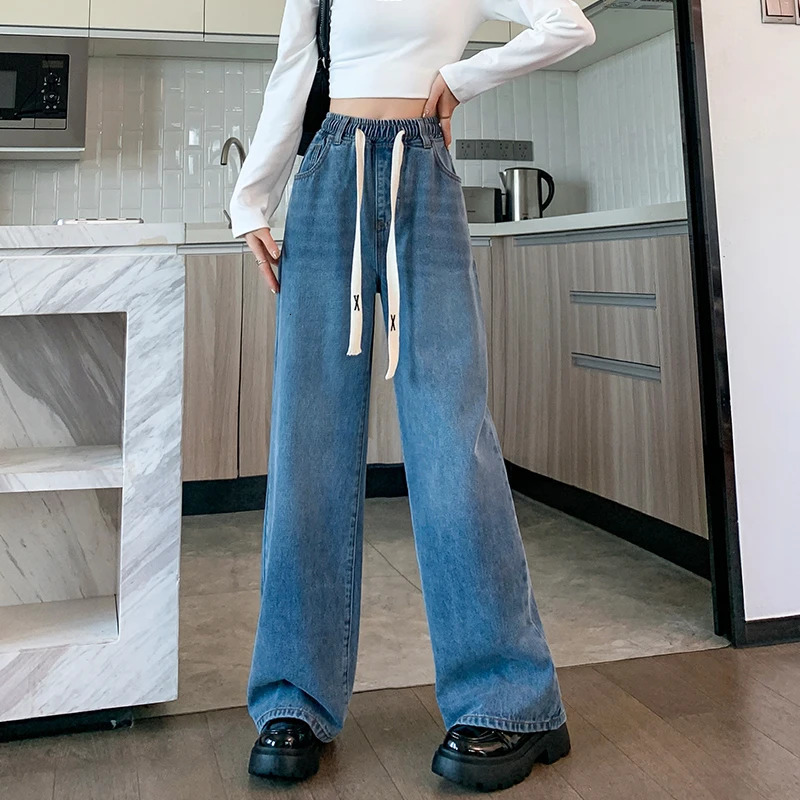 L6XL Plus Size Womens Jeans Spring High Waist Straight Loose Blue Trouser Wide Leg Pull Bar Large 250403