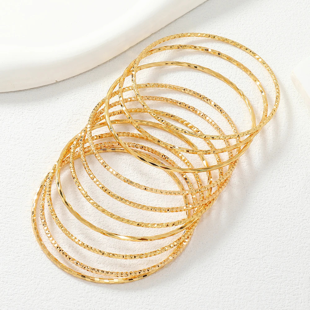 10 Middle Eastern Copper 24K Gold Plated Carved Random Pattern Stacked Elegant Womens Cuff Decorative Bracelets 251031