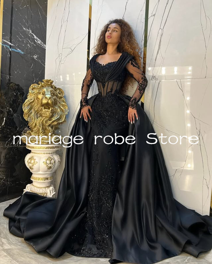Black Mermaid Middle East Prom Gala Dresses with Detachable Train Sparkly Applique Long Sleeve Evening Formal Gown Customsized