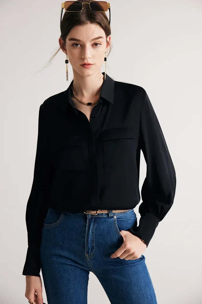 Real Silk Shirt Womens Spring and Summer Long-sleeved Commuting Solid Color Temperament Hangzhou 90% Mulberry Silk 250402