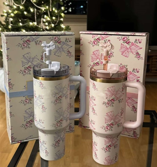 US STOCK With Floral Gift Boxes 40OZ Cups Insulated Stainless Steel Tumblers 40oz Rose Double Wall Vacuum Sealed Travel Mugs Big Capacity Water Bottle