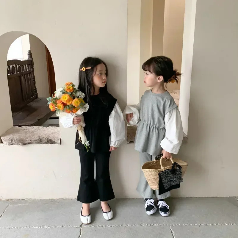 8405 childrens clothing set girls autumn Korean fashion 2piece patch work clothes topflash pants 250325z