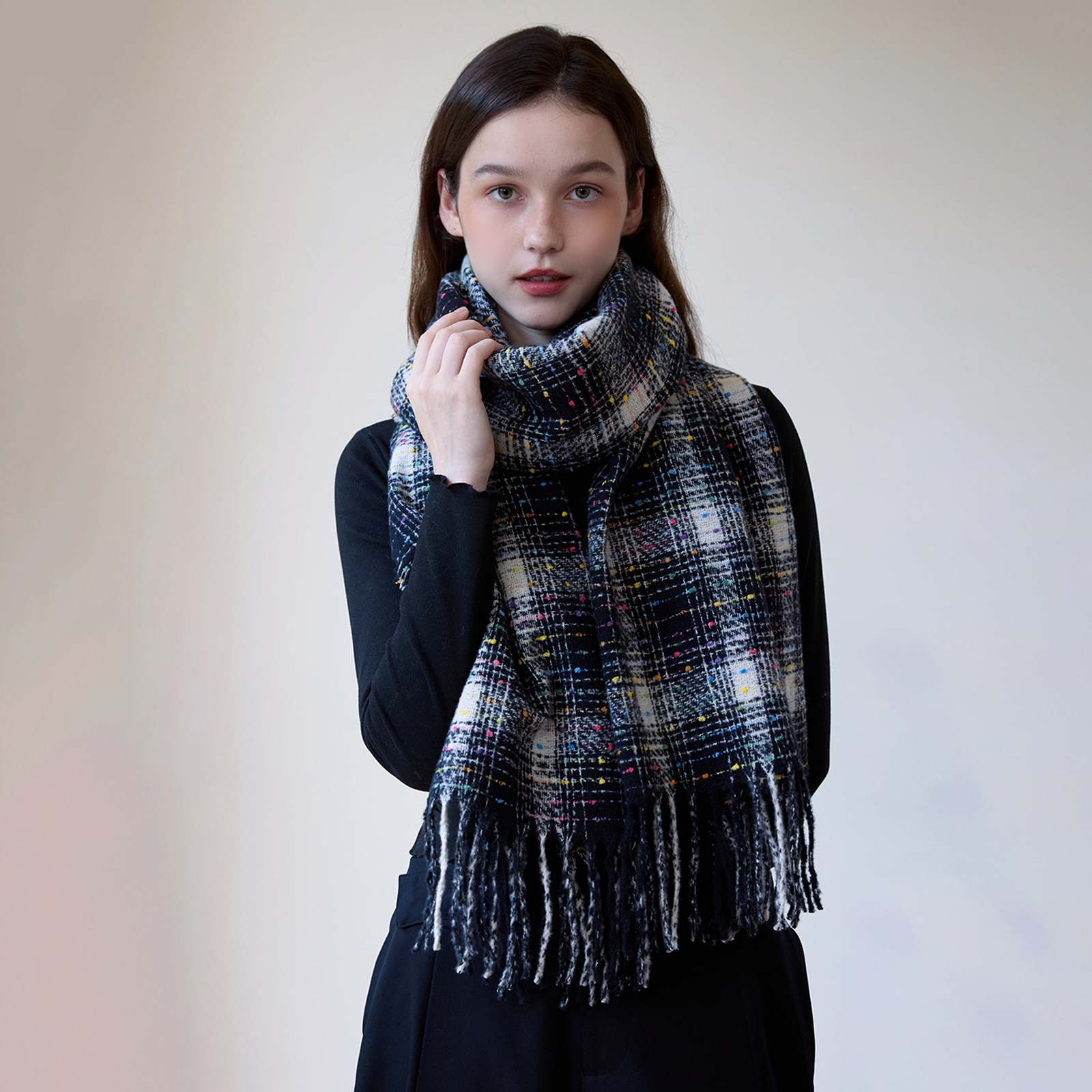 K314 Galaxy Colored Sugar Beans Korean Retro Cashmere Plaid Scarf Women Winter Whitening Soft Glutinous Warm Couple Neck Scarf