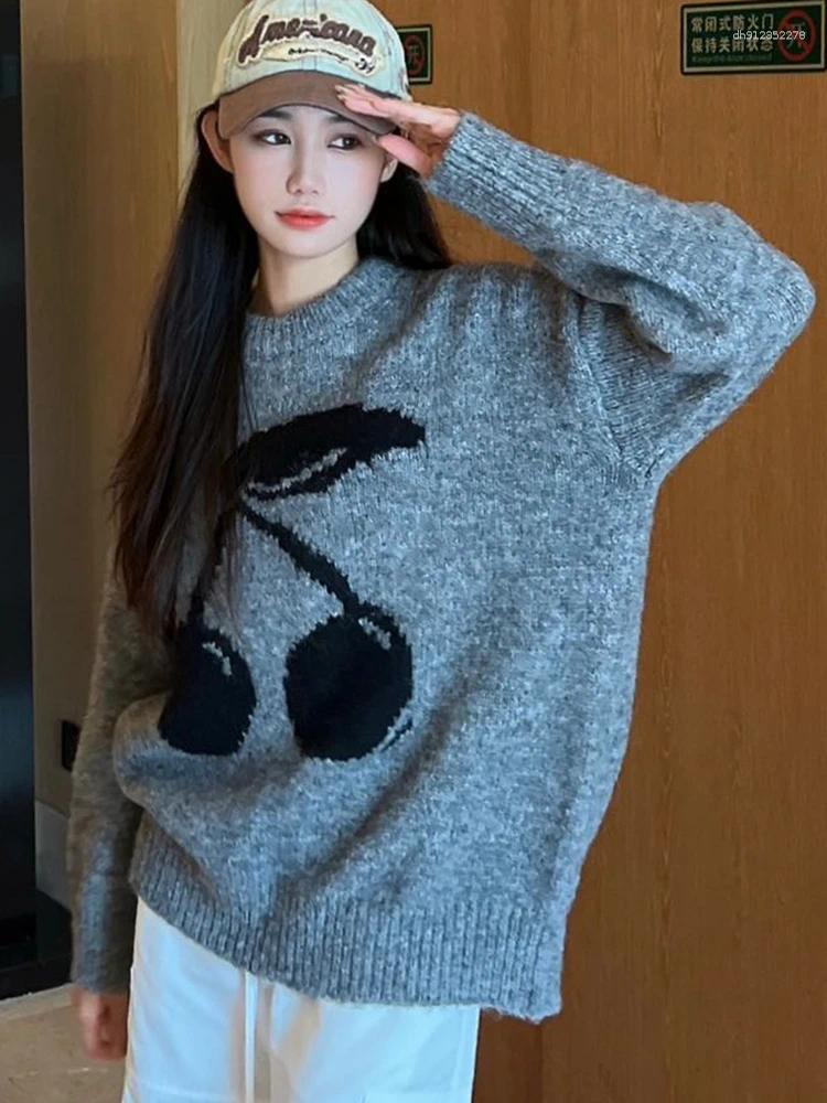 Women's Sweaters Thickened Cherry Knit Sweater Loose Crewneck Lazy Style Top Focused Autumn Winter Fashion