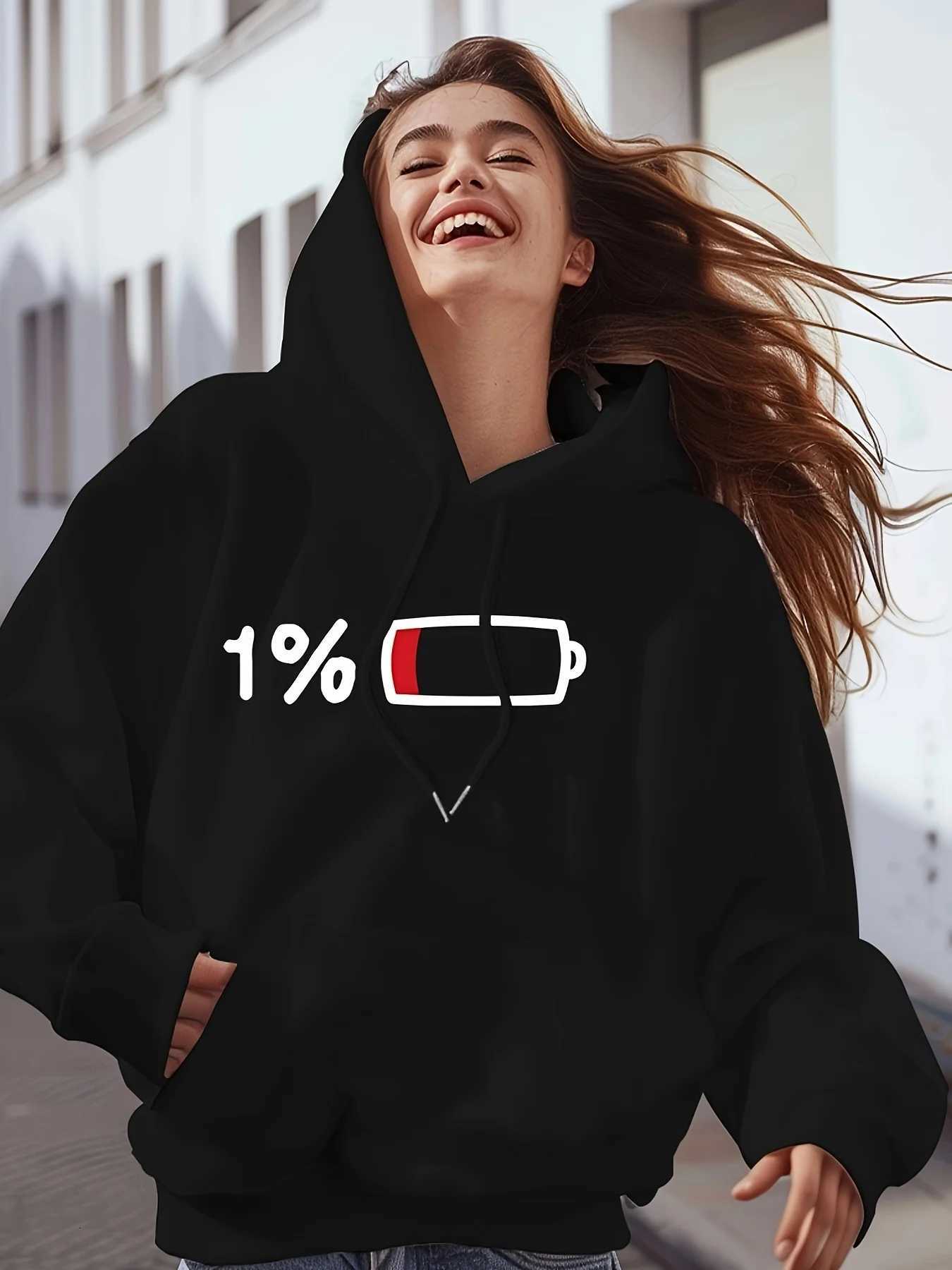 2025 Fall/Winter Womens Printed Hoodie Casual Winter Sweatshirt 1 Battery Indicator Pullover Fashion Y2K Top Personality RetroT251105