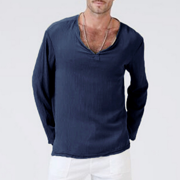 Spring new mens cotton and linen solid color V-neck casual loose oversized long sleeved T-shirt shirt