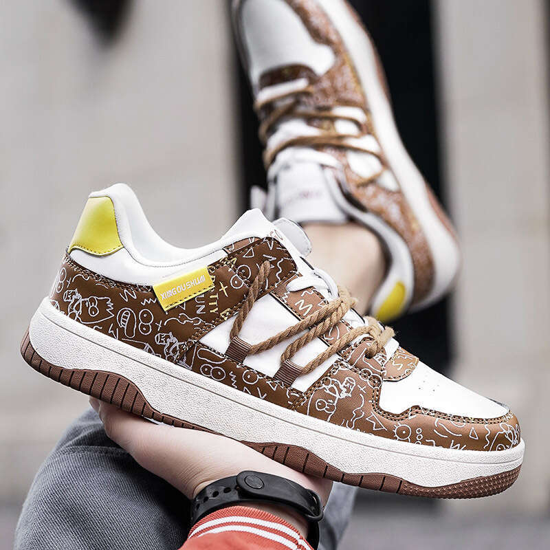 Large sized student color blocked board low cut lace up casual white shoes, Korean version leather face trendy single shoes H22
