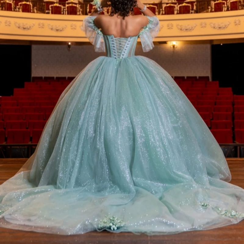 Aqua Blue Shiny Quinceanera Dresses Off The Shoulder Applique Lace Beading Crystal Tull Party Birthday Sweet 16 Dress Vestidos 15 Anos