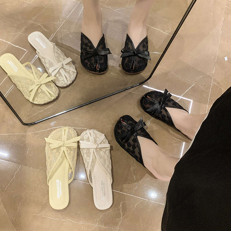 Baotou Summer 2025 New Internet Celebrity Bow Versatile Soft Bottom Half Slippers for Women Wearing Outside
