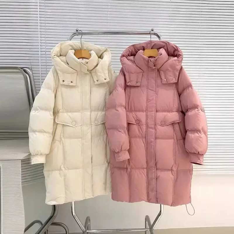Autumn Winter New Down Jacket Womens Mid-length Hooded Thick Loose White Duck Down Warm CoatT251105