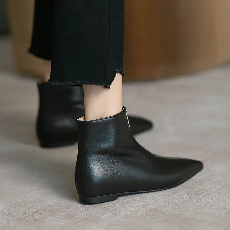 Leather Flat Short Shoes For Women Work Booties Black Footwear Female Ankle Boots Pointed Toe On Promotion Sale Comfortable P 251104