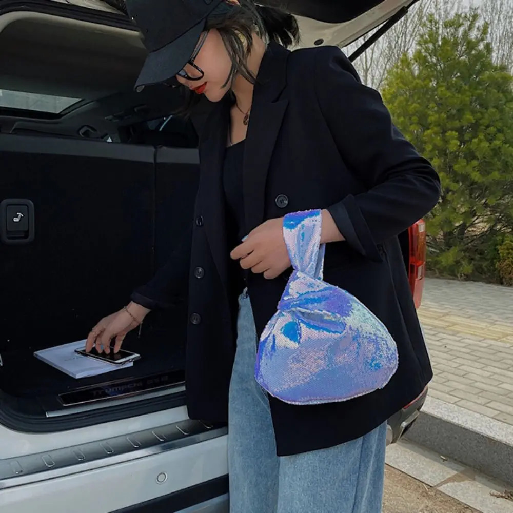 Solid Color Knot Wrist Bag Casual Korean Style Glitter Tote Bag Bucket Bag Year Gift Sequin Handbag Ladies 251104