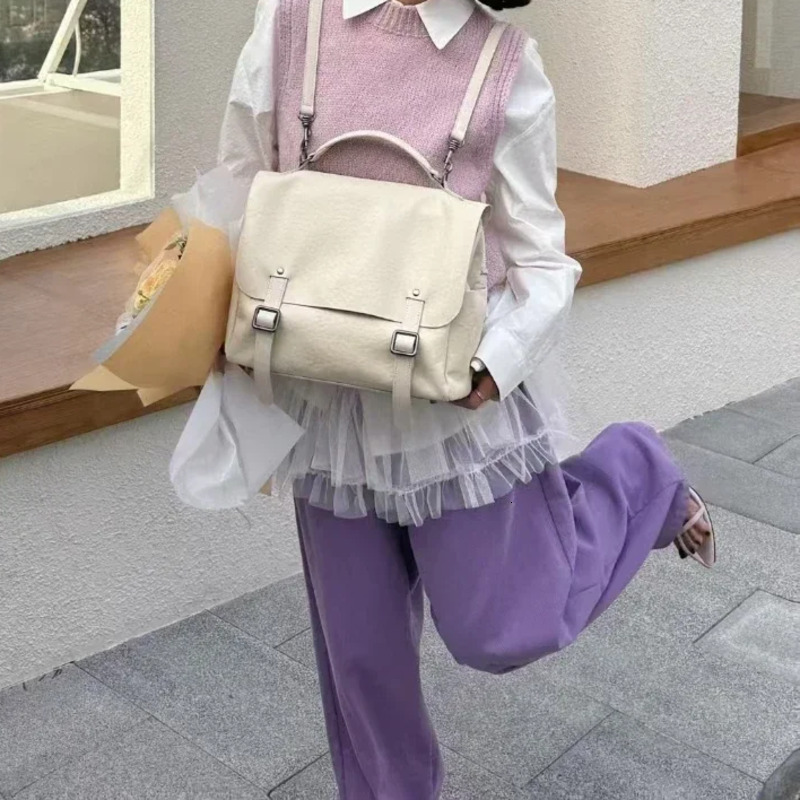 New Retro England Style College Girl Satchel Tote 2 Sizes Beige Vegetable Tanned Cowhide Leather Women Backpack Bookbag