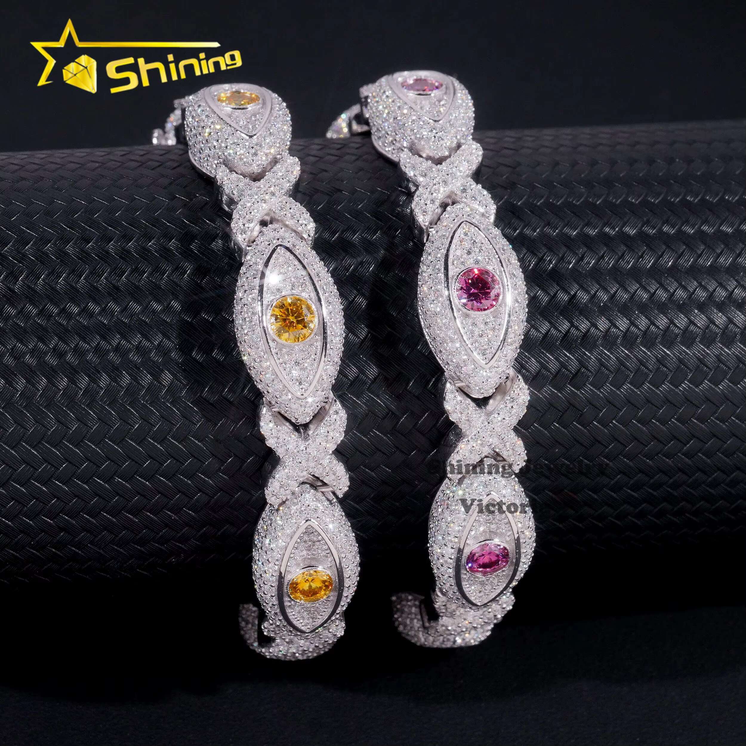 Hip Hop Jewelry Hot Style Eyes Design Cuban Chain Sterling Silver 925 Mutil-color Moissanite Luxury Men Cuban Link Chain Ladies' bracelet
