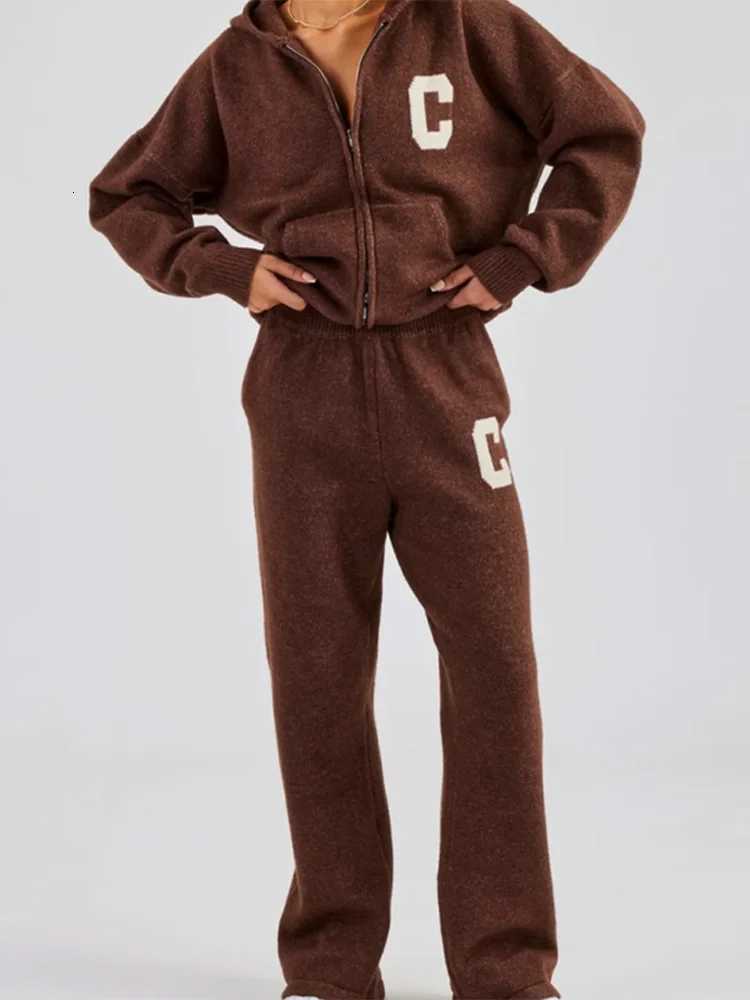 Letter Pattern Knit Jacket Trousers Lady Set Hooded Zipper Jackets High Waist Straight Long Pants Casual Versatile Womens Sets W251104