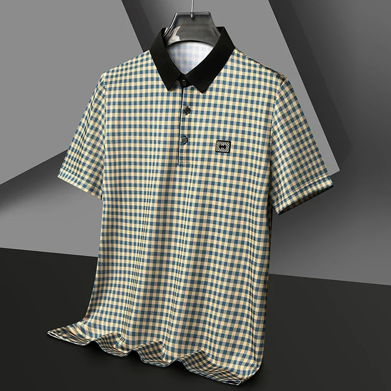 Mens checkered badge short sleeved polo shirt casual summer top comer 250327