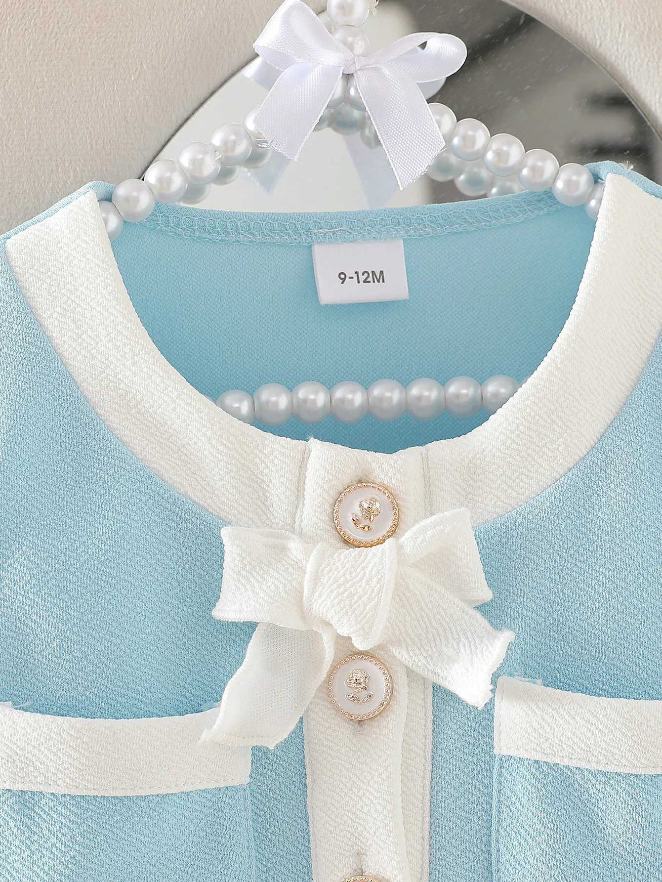 Baby girl autumn elegant style two-piece set light blue small fragrance butterfly bow top same color pants Y251105