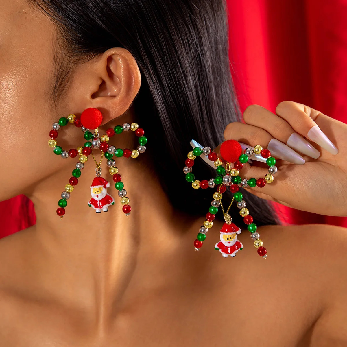 Earrings red bow Christmas tree cute handmade Colored beaded bow hair ball earrings 251131