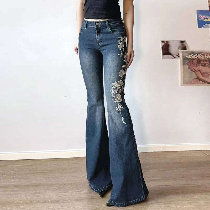 Women Retro Y2k Baggy Floral Embroidery Jeans Vintage Low Rise Flared Denim Pants High Street Basic Trousers