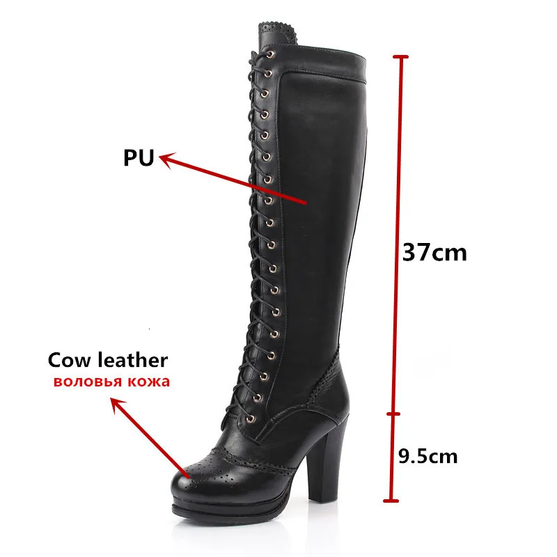 MORAZORA Retro Genuine leather Boots Women Black Brown High Heels Winter Knee High Boots Lace Up Womens Motorcycle Boots 251031