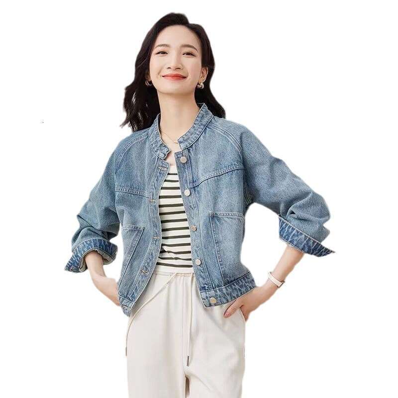 Vintage Washed Denim Short Jacket For Women, Autumn And Winter New Stand Collar Petite Long Sleeve Top B5